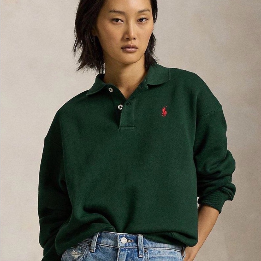 Polo by Ralph Lauren Women's Dark Green collard fleece pullover L